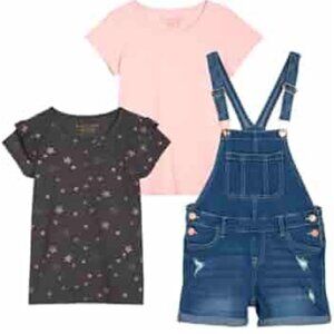 Vigoss Girls 3-Piece Outfit Set Size S Pink & Gray Star Shirts With Denim Overal